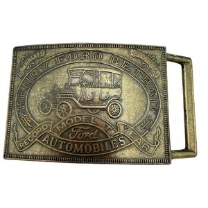 Vtg Henry Ford Detroit Model T Brass Record Year Retro Brass Belt Buckle Western